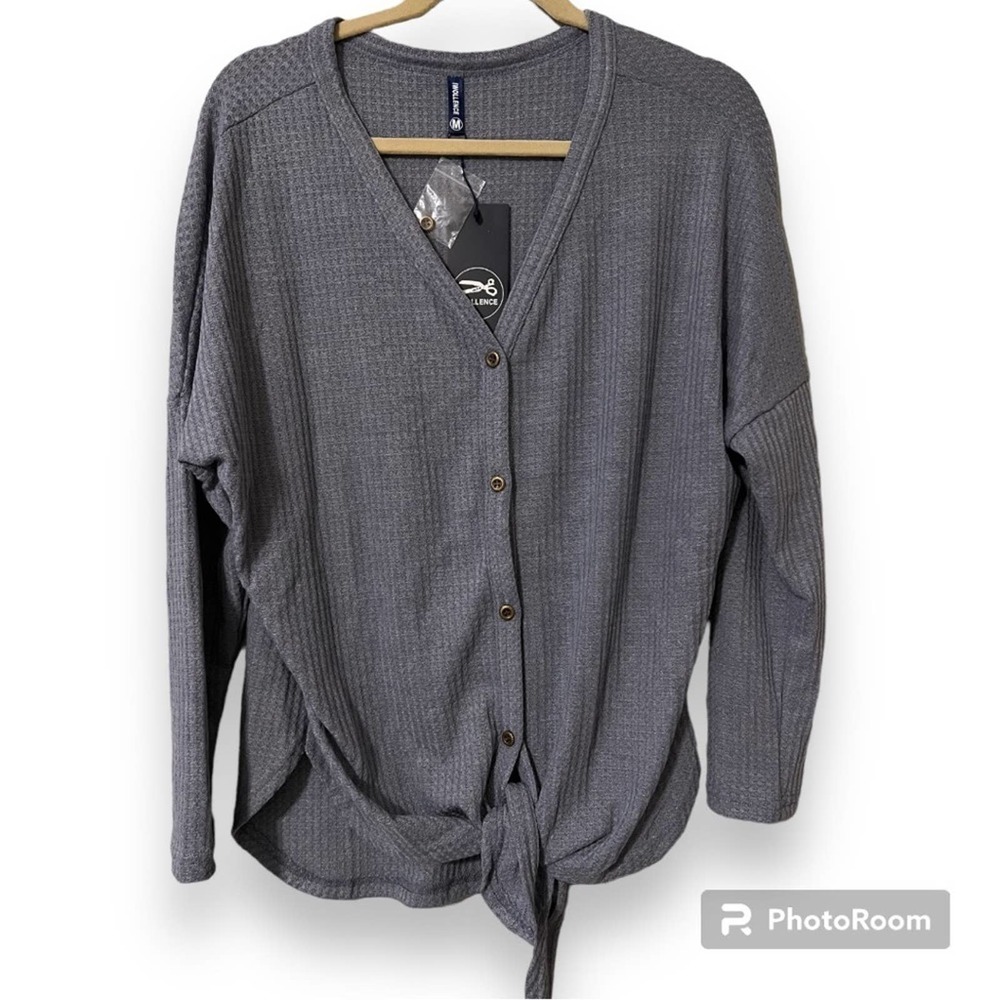 IWOLLENCE size medium womens v neck waffle knit long sleeve tie front blue grey